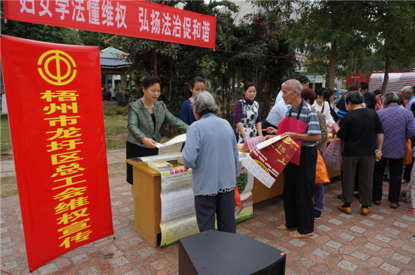 龍圩區(qū)總工會(huì)在2015年3月開展迎“三八”婦女維權(quán)月普法活動(dòng)，以“婦女法治懂維權(quán)，頌揚(yáng)法治促和諧”為指導(dǎo)思想，開展了以“